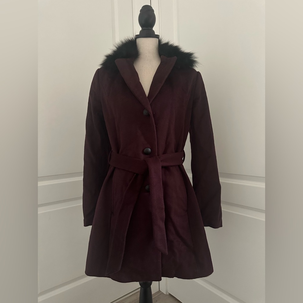 Marc New York Burgundy Trench Coat Black Faux Fur Size 6
